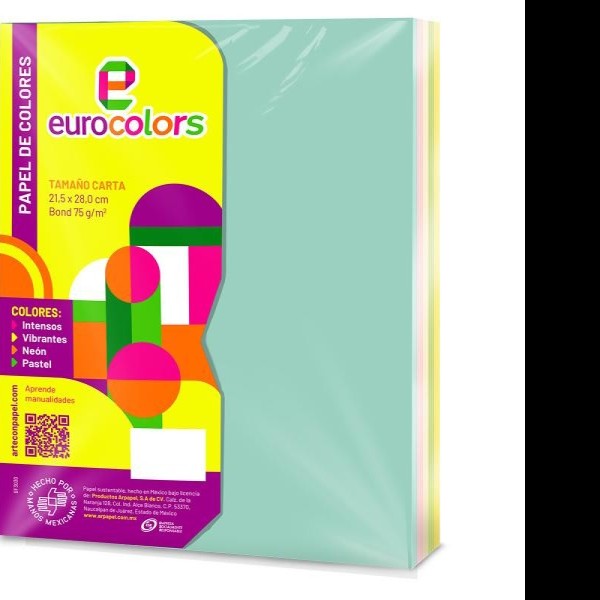 PAPEL BOND CTA.ARCOIRIS PASTEL EUROCOLOR 75G. PAQUETE C1000H